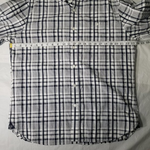 Flag & Anthem Mens XL Plaid Pattern Navy Blue White Button Down Shirt Pocket - Picture 13 of 16